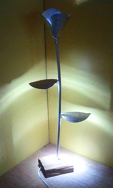 LED lamp, wood base, smal aluminium tube as stamm, aluminium sheet cut like leafs with withe LED's underneed